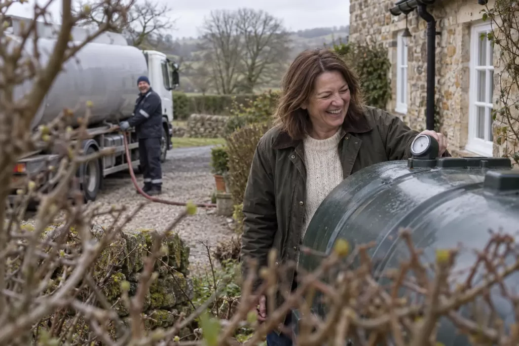 Laughing homeowner checking a heating oil tank gauge beside a laughing delivery driver at an unbranded tanker