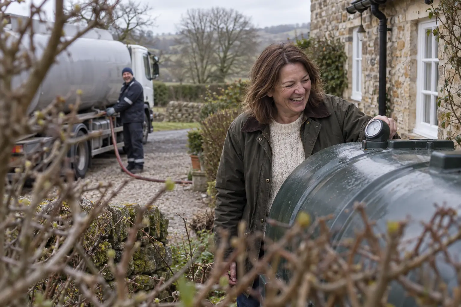 Laughing homeowner checking a heating oil tank gauge beside a laughing delivery driver at an unbranded tanker
