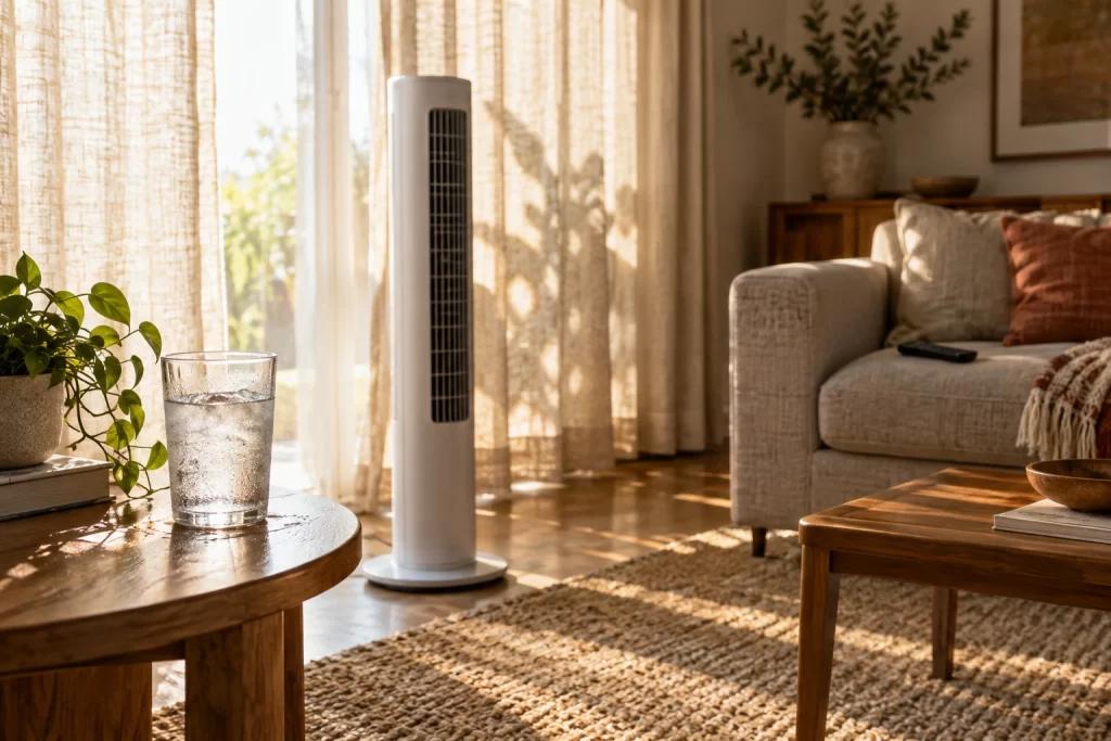 A plain tower fan stands in a sun drenched living room beside an icy glass of water and a distant television remote.