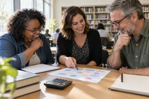 Financial workshop participants laughing while studying a blank coloured bonus diagram