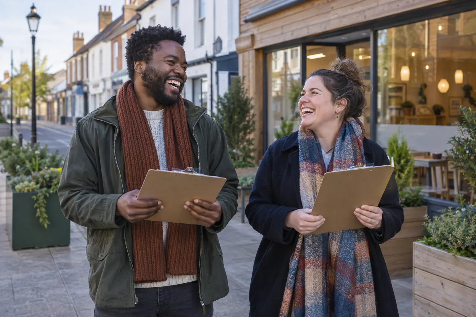 Two laughing community organisers on a quiet high street representing High Streets Innovation Partnerships