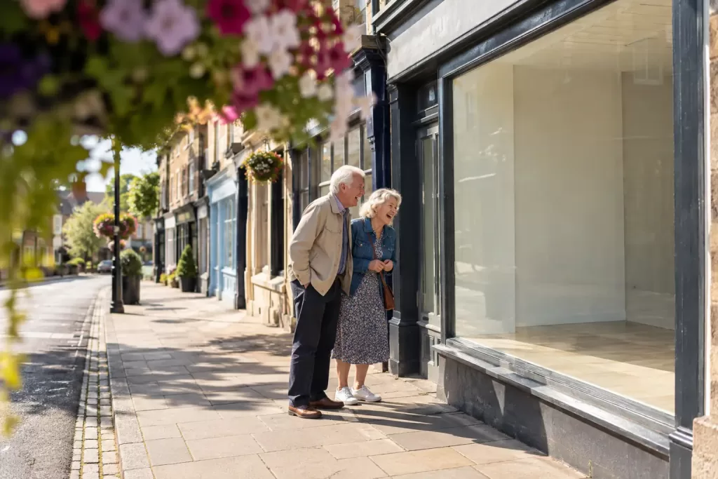 Original editorial photograph of two laughing older adults beside a plain empty shop window on a sunny British high street, with no signs or text