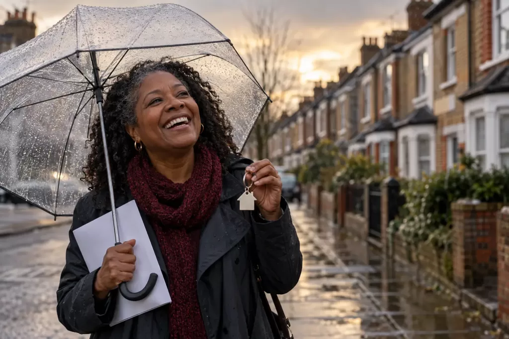 Original editorial photograph of one laughing Black woman with an unmarked house-shaped keyring and blank folded printout on a rainy residential street, with no other people