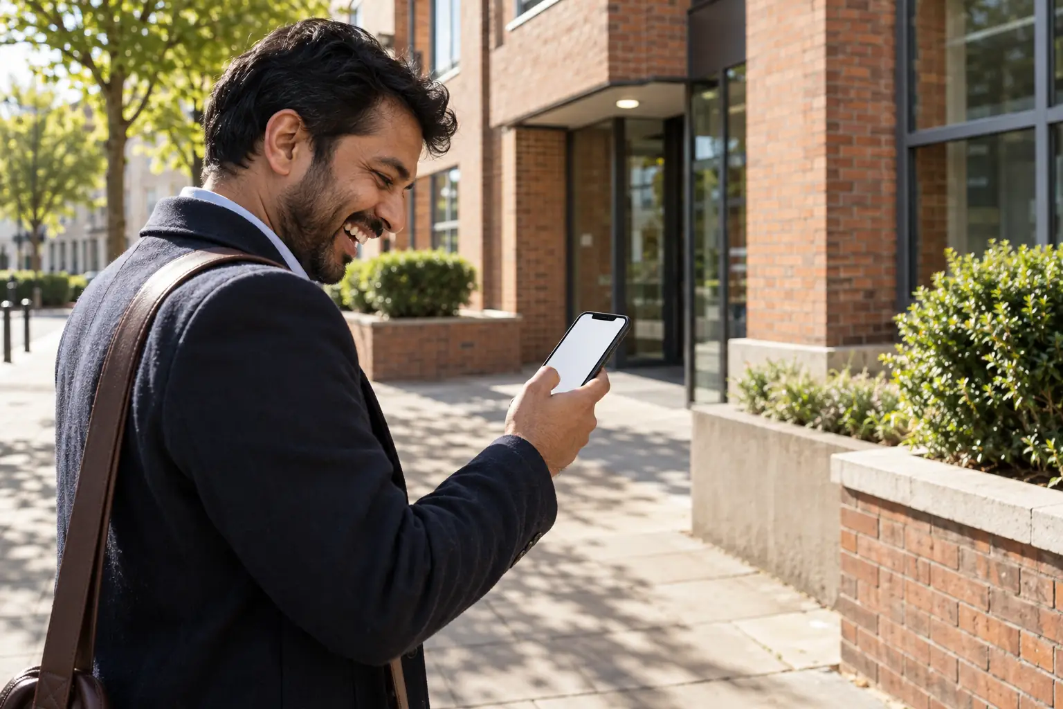 Original editorial photograph of one laughing South Asian man looking at a smartphone with a blank white screen outside an unbranded sunny office building, with no other people
