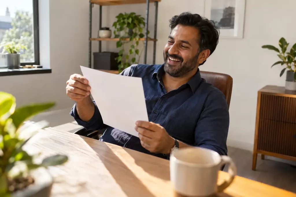 Original editorial photograph of a laughing South Asian small-business owner alone at a sunny desk holding a blank direct-debit form, with no other people