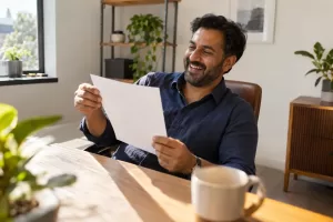 Original editorial photograph of a laughing South Asian small-business owner alone at a sunny desk holding a blank direct-debit form, with no other people