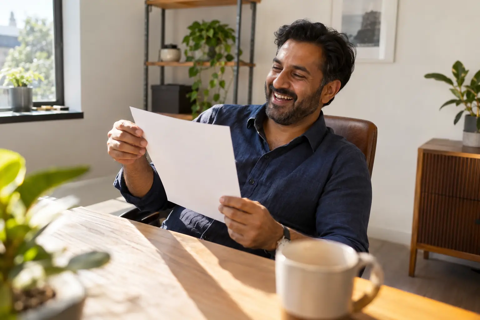 Original editorial photograph of a laughing South Asian small-business owner alone at a sunny desk holding a blank direct-debit form, with no other people