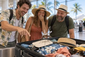 Fictional holidaymakers laugh at a harmless oversized mosquito resting on a blank tag in an open suitcase.