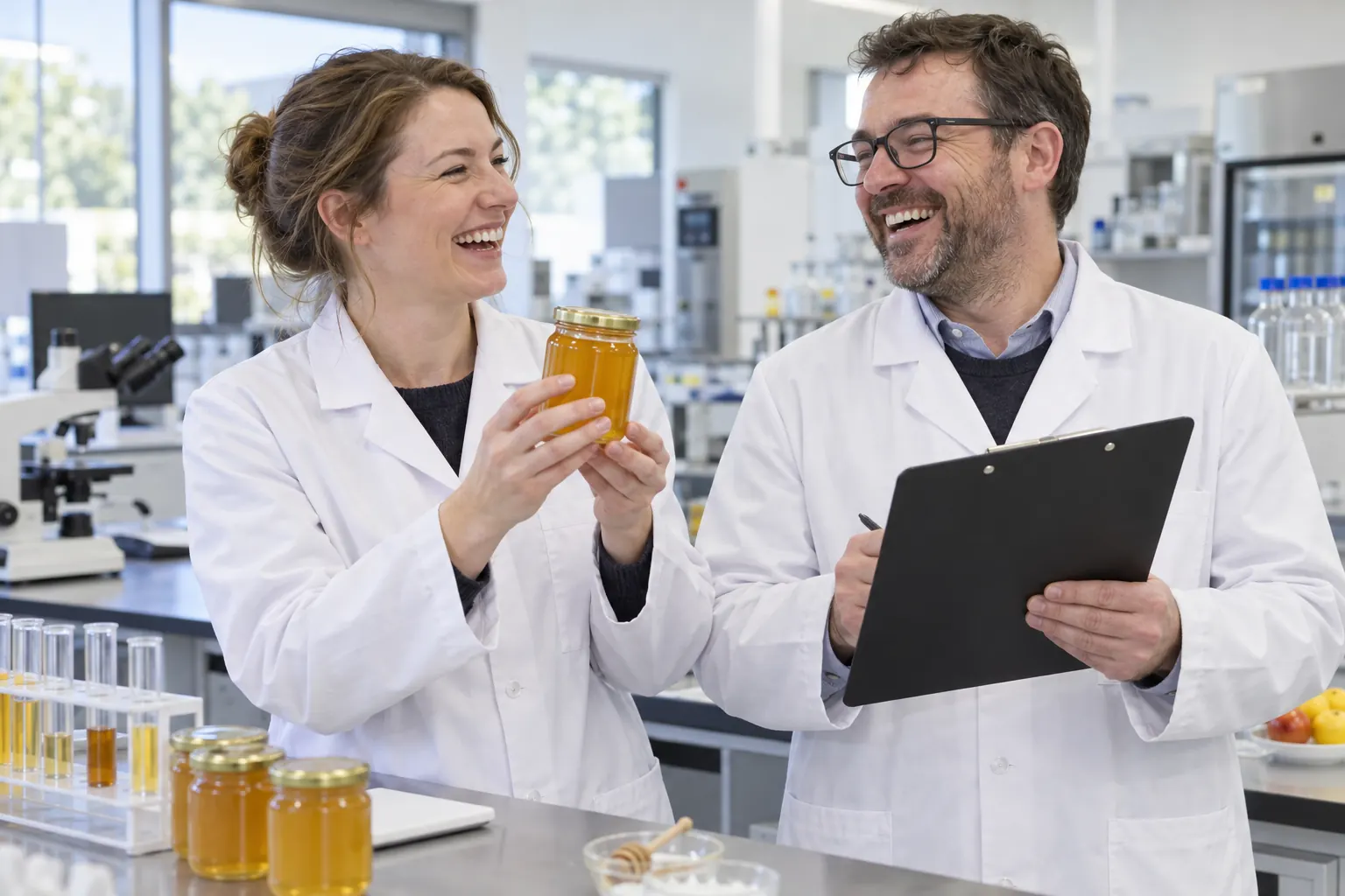 Two laughing laboratory technicians with an unlabelled honey jar for the honey authenticity testing framework