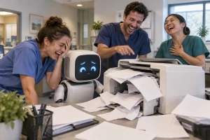 Fictional hospital staff laugh beside a friendly generic computer and a printer spilling blank pages.