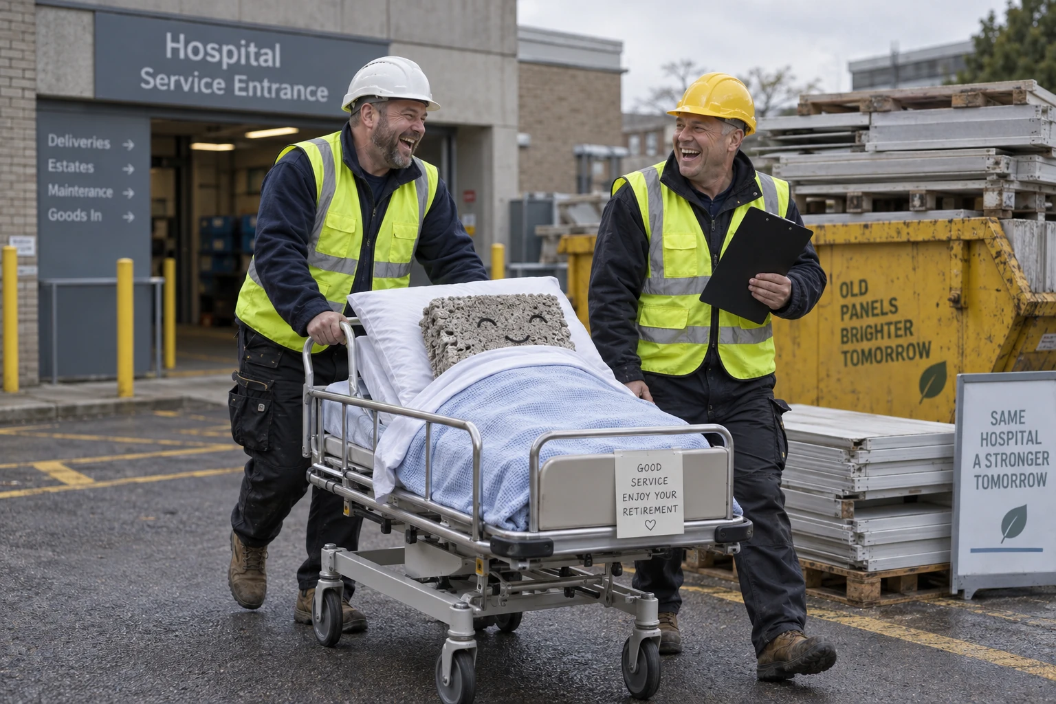Two laughing hospital estates engineers wheel a smiling concrete sample tucked under a blanket on a hospital trolley.