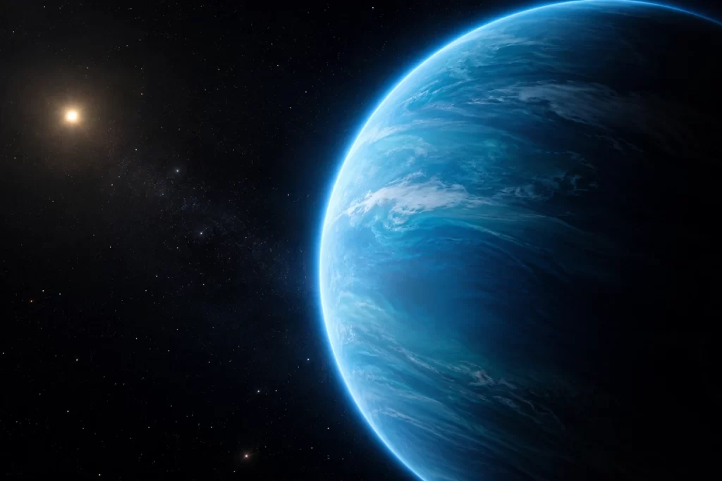 A blue hot sub Neptune exoplanet shows a bright clear atmosphere in deep space.