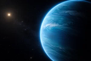 A blue hot sub Neptune exoplanet shows a bright clear atmosphere in deep space.