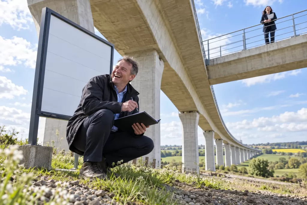 Two laughing railway planners at fictional HS2 project reset 2026 viaduct