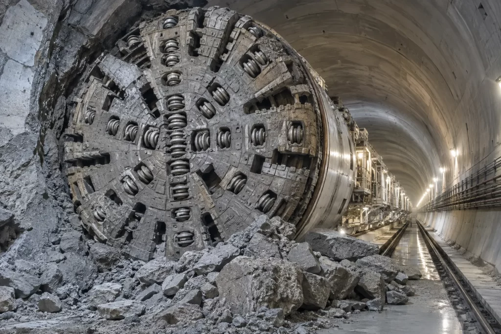 A vast tunnel boring machine breaks through a newly excavated high speed rail tunnel beneath Birmingham.