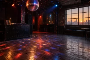 An empty late 1990s style dance floor glows beneath a mirrored disco ball as dawn appears through club windows.