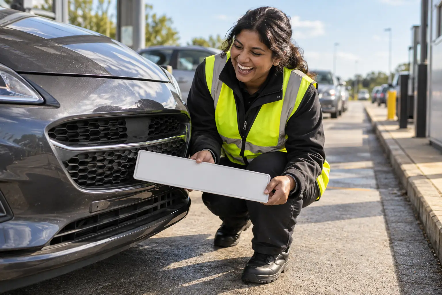 Original editorial photograph of one laughing South Asian vehicle examiner holding a blank white vehicle plate beside an unmarked compact car on a sunny inspection bay, with no logos or text