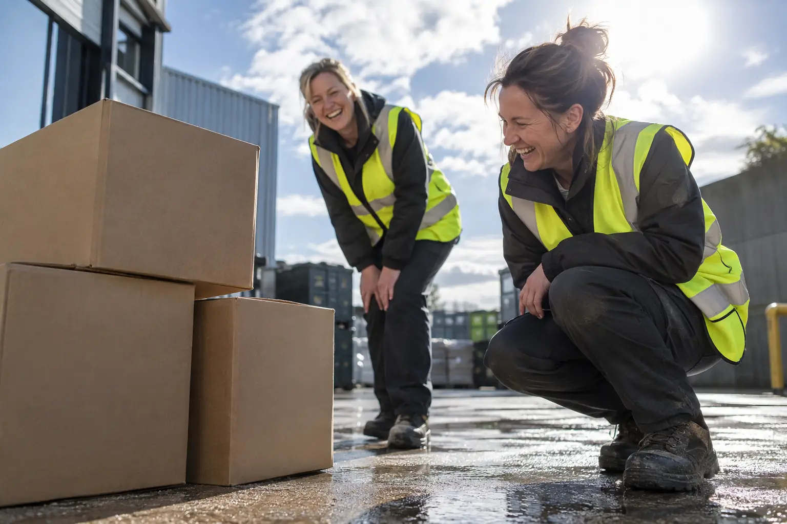 Original editorial photograph of two laughing women in high-visibility vests beside a neat pile of blank cardboard boxes in sunny light, with no other people