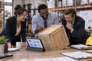 Three clearly laughing fictional adult trade analysts watch a shipping crate request its own imports dashboard data profile beside a tablet in a warehouse.