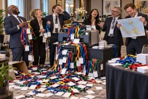 Six fictional trade delegates laugh around overloaded lanyard printers in a hotel meeting room as blank badges cover the floor.