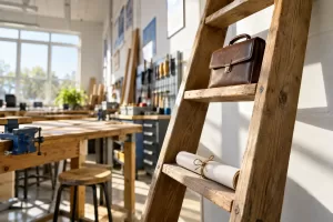 Original editorial photograph of a training ladder with a briefcase for Industrial Strategy Jobs Plans 2026