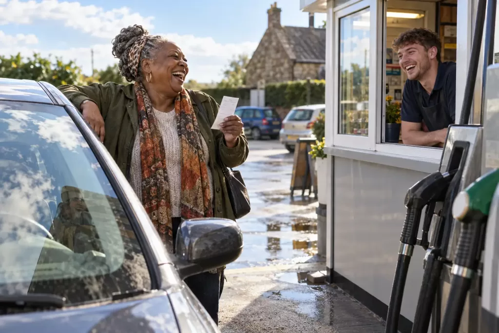 Laughing woman with a receipt at a sunny petrol station