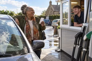 Laughing woman with a receipt at a sunny petrol station