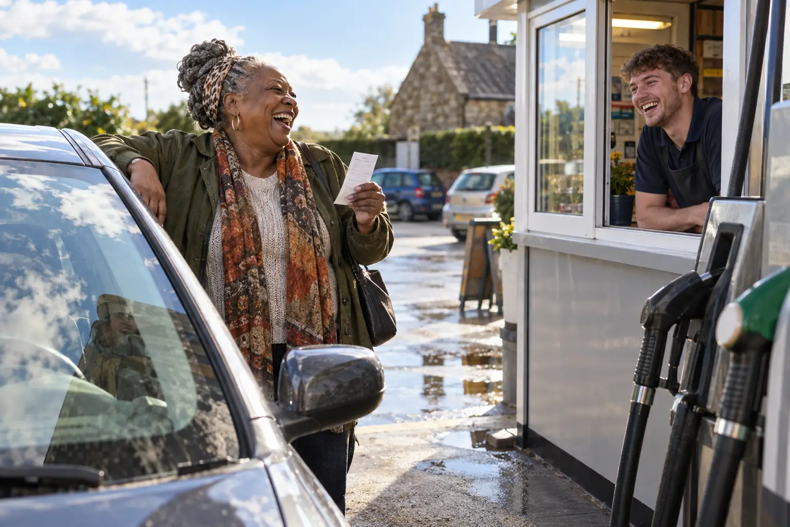 Laughing woman with a receipt at a sunny petrol station