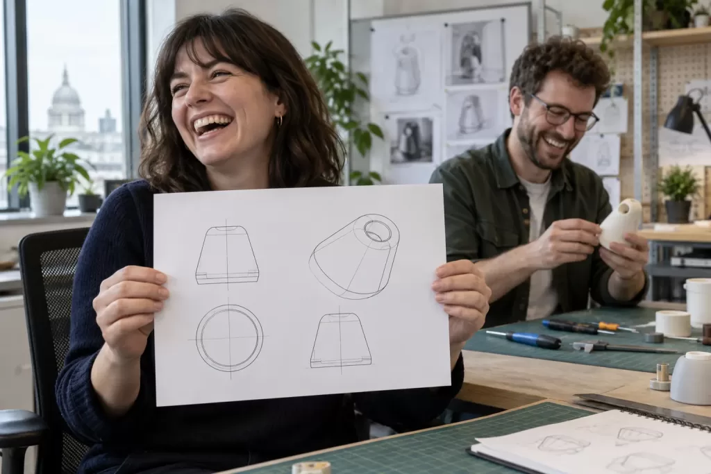 Two laughing designers in fictional Intellectual Property Office corporate plan 2026 2027 workshop