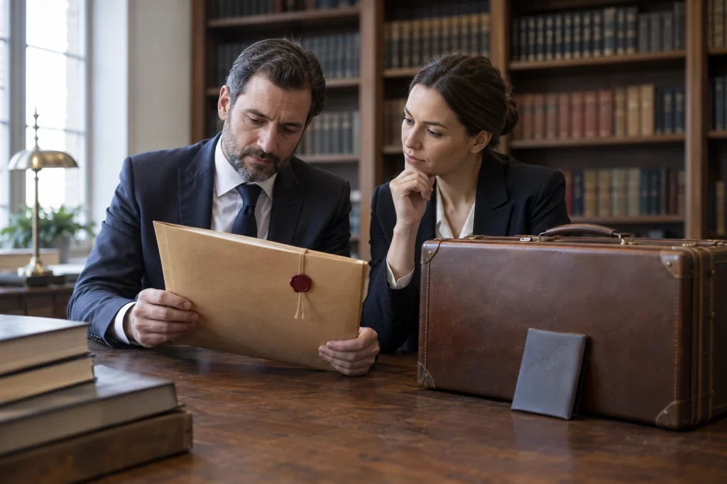 Legal professionals reviewing a sealed case file beside a travel suitcase in a law library