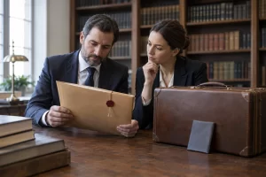 Legal professionals reviewing a sealed case file beside a travel suitcase in a law library