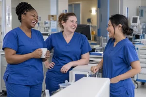 Three hospital nurses in blue scrubs laugh together at a ward staff station.