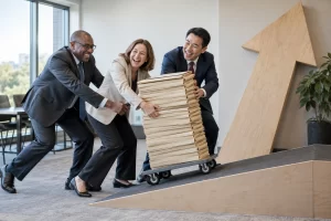 Three laughing international delegates push a tall stack of blank folders up a small ramp beside a giant wooden arrow.
