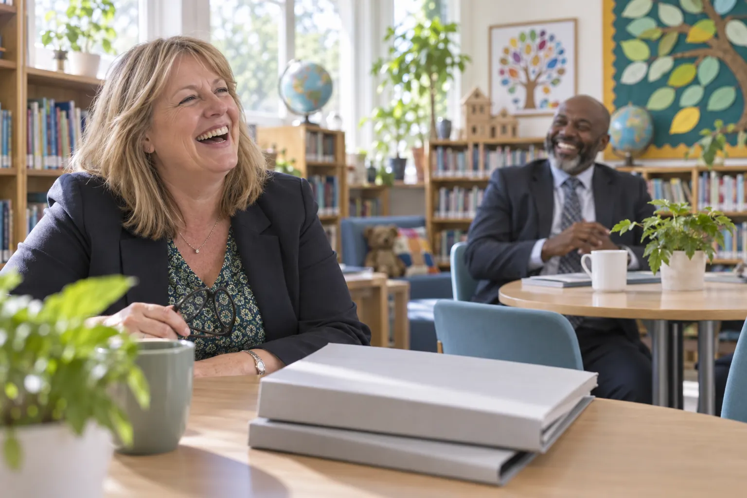 Two laughing education officials at fictional International SEND Alliance 2026 school library