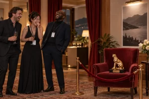 Three fictional film festival guests laugh at a respectful distance from a golden leopard trophy sitting alone on a red chair behind a velvet rope.