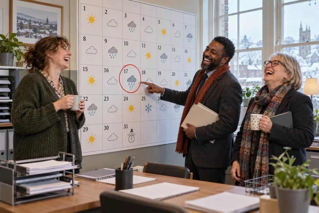Three fictional adult seasonal administrators clearly laugh while inspecting a giant calendar showing a rainy Tuesday in a bright office.