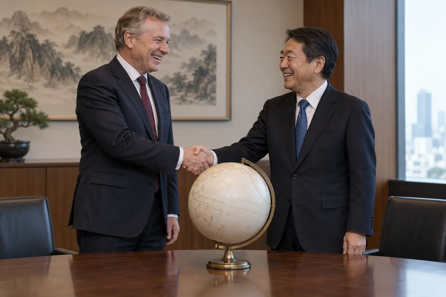 Two laughing diplomats for Japan UK strategic dialogue