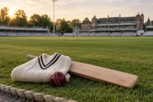 A cricket bat, red ball and folded cream sweater rest beside an empty cricket field.