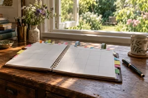 A blank month planner has colourful tabs and ribbon loops across a sunlit wooden desk beside a June garden.