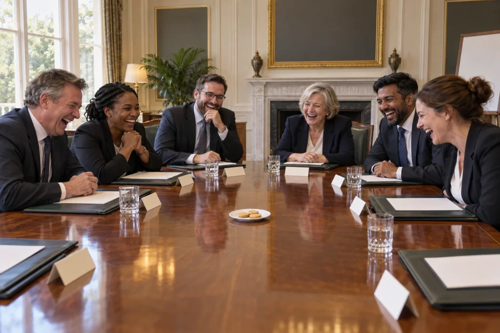 Fictional officials laugh around a long meeting table with a tiny plate of three biscuits at its centre.