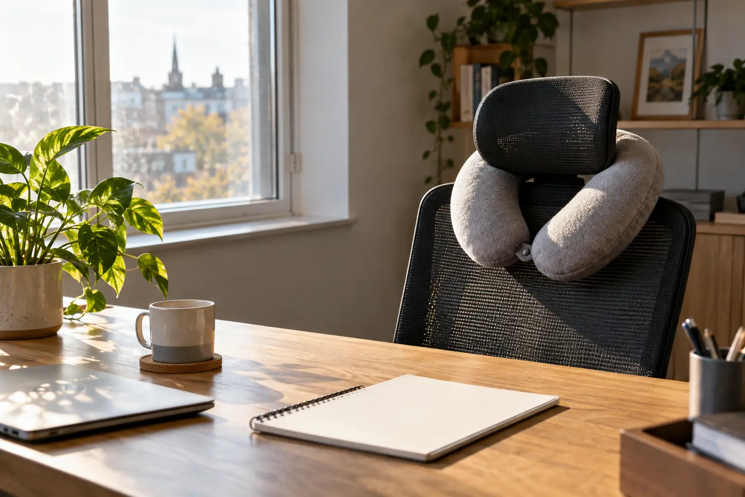 Original editorial photograph of an office chair with a travel pillow for Keep Britain Working 2026