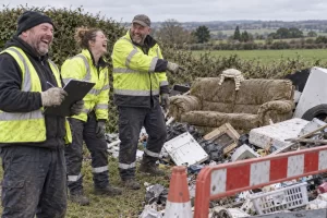 Three fictional laughing waste removal workers stand beside an overflowing rubbish dump in a grassy field, with one pointing at a sofa wearing a tiny paper lawyer wig.