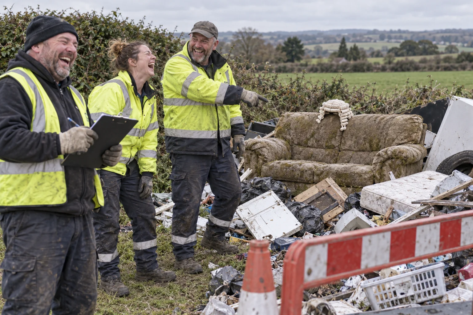 Three fictional laughing waste removal workers stand beside an overflowing rubbish dump in a grassy field, with one pointing at a sofa wearing a tiny paper lawyer wig.