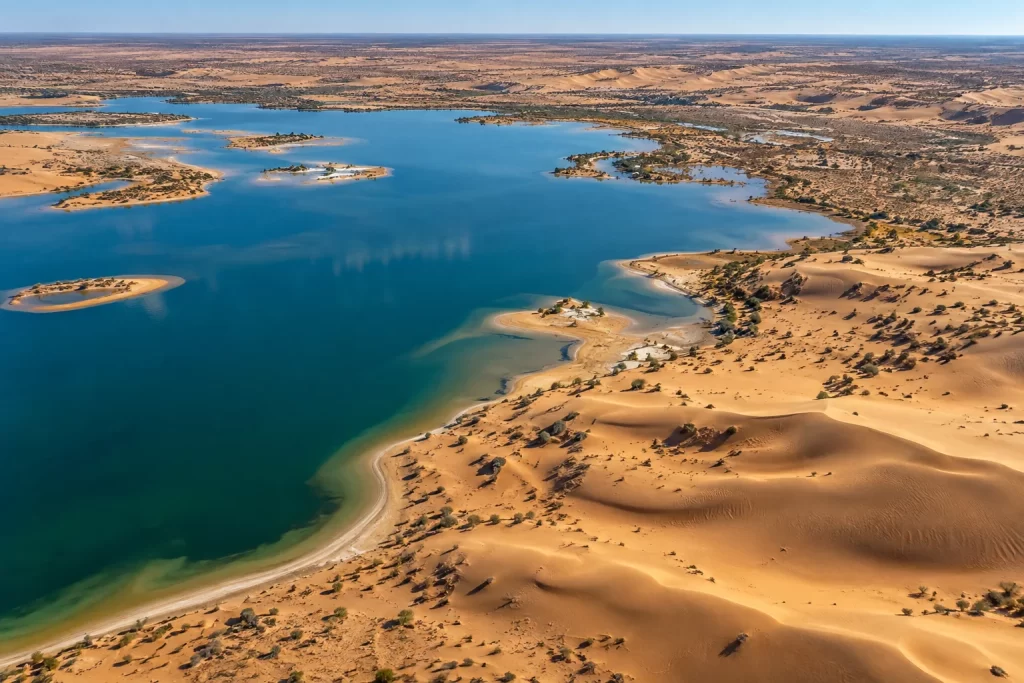 A broad blue desert lake curls through golden dunes under a clear morning sky.