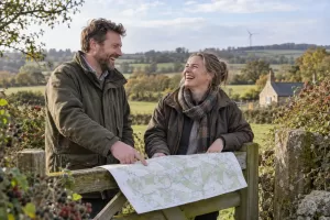 Two laughing land managers holding a map in countryside representing the England Land Use Framework