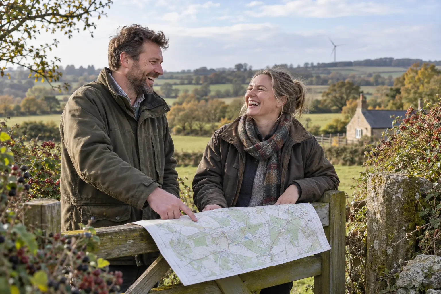 Two laughing land managers holding a map in countryside representing the England Land Use Framework