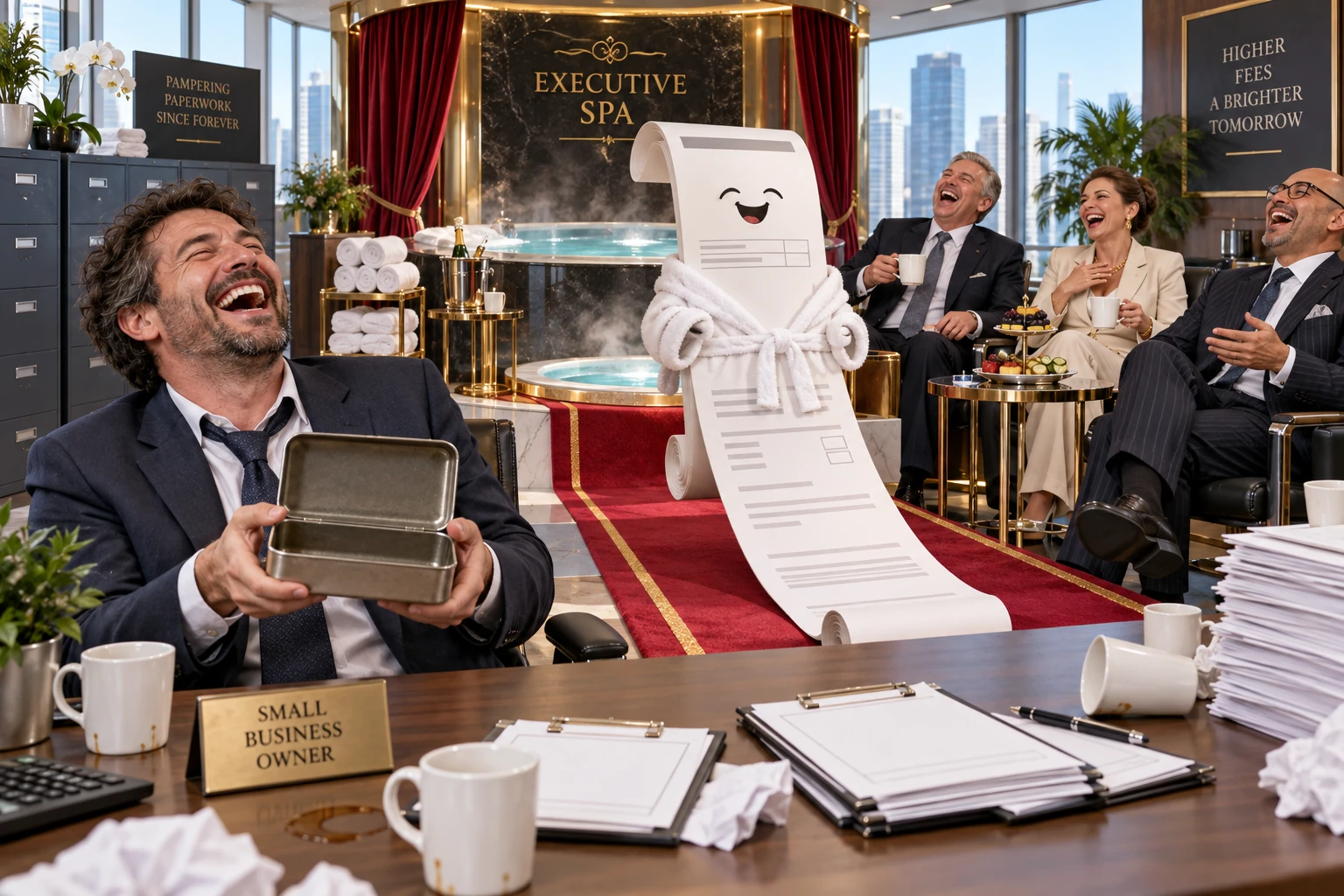 Five laughing fictional business people surround a giant overdue invoice in a dressing gown beside an absurd executive spa, while a small business owner holds an empty cash tin.