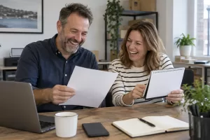 Two laughing small-business owners reviewing an invoice for the late payment crackdown