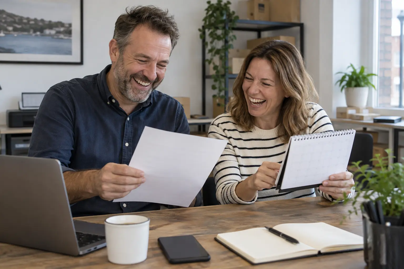 Two laughing small-business owners reviewing an invoice for the late payment crackdown
