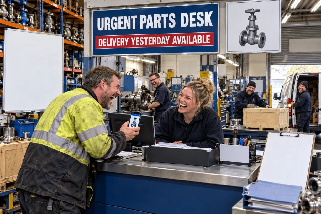 Five laughing adults in an engineering workshop, including a customer showing a valve photograph to a woman at the parts counter.
